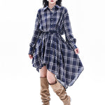 High-Low Irregularity Elasticity Plaid Lapel Collar Midi Dresses