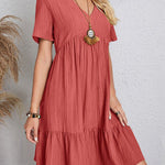 A-Line Loose Pleated Solid Color Split-Joint V-Neck Mini Dresses