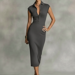 Women's Minimalist Knitted Lightweight Button-down Collared Midi Dress With Cap Sleeves