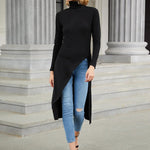 Simple Skinny Split-Side Solid Color High-Neck T-Shirts Tops
