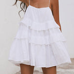High Waisted Loose Backless Layered Pleated Solid Color Tied Spaghetti-Neck Mini Dresses