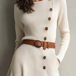 Cream Knit Midi Dress With Asymmetrical Button Detail