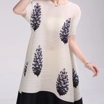 A-Line Loose Flower Print Pleated Round-Neck Midi Dresses
