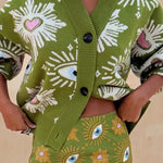 Mysterious Magic Knit Eye Heart Pattern Button Up Long Sleeve Loose Cardigan