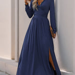 A-Line High Waisted Pleated Solid Color Split-Side V-Neck Maxi Dresses