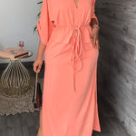 Loose Drawstring Solid Color Split-Side V-Neck Maxi Dresses