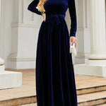Long Sleeves Wrap Belted Pleated Solid Color Zipper Round-Neck Maxi Dresses