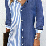 Long Sleeves Loose Asymmetric Split-Joint Striped Lapel Mini Dresses Shirt Dress
