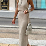 Casual Sleeveless Round Neck Solid Color Slim Dress Two-Piece Set