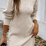 Parchment Pearl Beaded High Neck Bodycon Sweater Dress