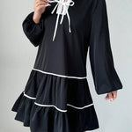 A-Line Long Sleeves Elasticity Pleated Tied V-Neck Mini Dresses
