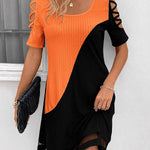 A-Line Loose Contrast Color Hollow Mesh Split-Joint Cold Shoulder Mini Dresses