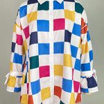 Long Sleeves Loose Buttoned Contrast Color Plaid Tied Stand Collar Blouses&Shirts Tops