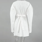 Long Sleeves Loose Pleated Solid Color Split-Joint Tied Waist V-Neck Mini Dresses Shirt Dress
