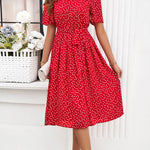A-Line Elasticated Waist Contrast Color Polka Dot Split-Joint Tied Waist Round-Neck Midi Dresses