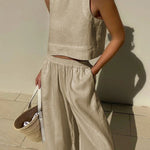 Solid Color Round-Neck Sleeveless Vest + Elasticity Wide Leg Pants Two Pieces Set