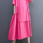 Loose Short Sleeves Solid Color Split-Joint Round-Neck Midi Dresses