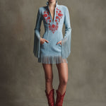 Western Retro Red Embroidered Blue Faux Suede Long-Sleeved Tassel Mini Dress