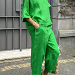 Casual Solid Color Crewneck Top & Pants Cotton Linen Two-piece Set