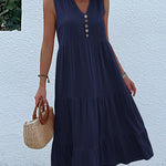 Loose Sleeveless Pleated Split-Joint V-Neck Midi Dresses