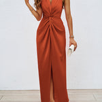 Bodycon High Waisted Elasticity Knot Solid Color Split-Front Split-Joint Zipper V-Neck Maxi Dresses