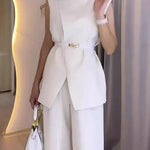 Loose Sleeveless Split-Front Split-Joint Round-Neck Vest Top