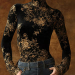 Long Sleeves Skinny Contrast Color Flower Print Split-Joint High Neck Blouses&Shirts Tops