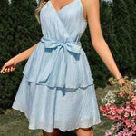 Casual solid color V-neck tie-waist suspender dress