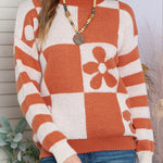 Checkered and Striped Knitted Pullover Sweater