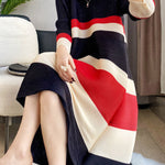 A-Line Loose Pleated Striped Round-Neck Midi Dresses