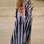 Batwing Sleeves Loose Printed Split-Side Striped V-Neck Beach Cover-Up Maxi Dresses