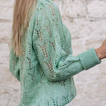 Green Casual Sheer Knitted Pointelle Sweater