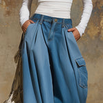 Retro Multi-pocket Wide-leg Cropped Denim Jeans