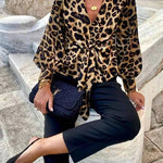Janae Leopard Print Front Tie-up Lantern Sleeve Casual Blouse