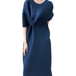 Stylish Irregularity Loose Pleated Solid Color Round-Neck Midi Dresses