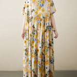 A-Line Loose Floral Printed Round-Neck Midi Dresses