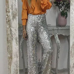 Glitzy Glamour Sequin High Rise Elastic Waist Wide Leg Pants