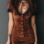 Vintage Lace Trim Button Velvet Mini Dress
