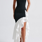 Strapless Bodycon Colorblock Ruffled Fishtail Maxi Dresses-Black
