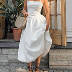 Loose Sleeveless Pleated Solid Color Split-Joint Spaghetti-Neck Midi Dresses