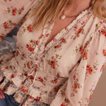 V-Neck Floral Print Waist-Cinched Ruffle Blouse