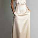 Women's Elegant Beige Satin Halter-neck Sleeveless Maxi Dress