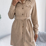 Elasticated Waist Long Sleeves Belted Buttoned Single-Breasted Solid Color Lapel Collar Mini Dresses Shirt Dress