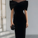 Dramatic Black Velvet Bow Midi Dress