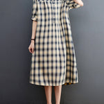 Half Sleeves Loose Plaid Lapel Midi Dresses