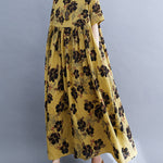 Loose Short Sleeves Pleated Printed Split-Joint Round-Neck Midi Dresses