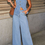 Denim Button Sleeveless Vest & Wide Leg Jeans 2Pcs Set