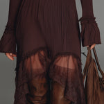 Bohemian Style Pleated Mesh Panel Midi Dress With Belt
