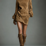 Women's Vintage Loose Suede Turtleneck Mini Dress