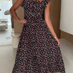 Floral Print Square Neck Pleated Back Midi Dress